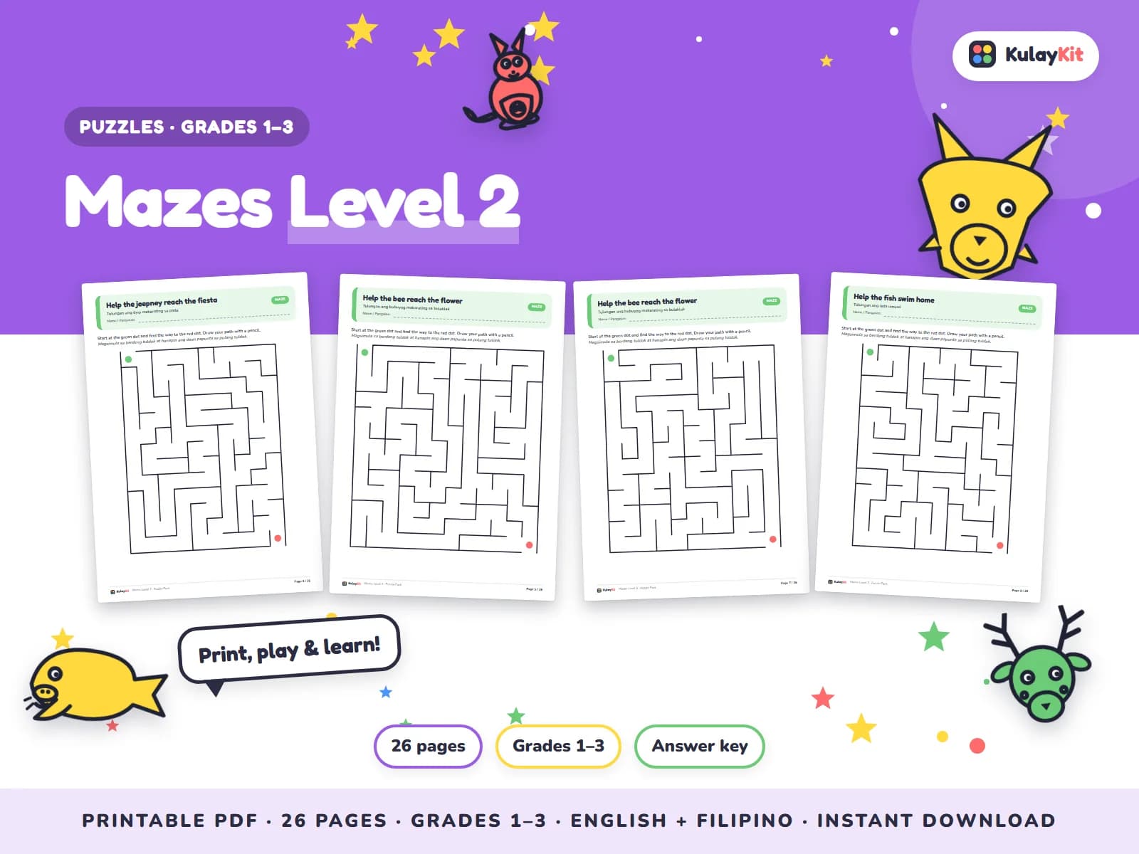 Cover of Mazes Level 2, a printable pack for kids in Grades 1 to 3, showing four of its pages