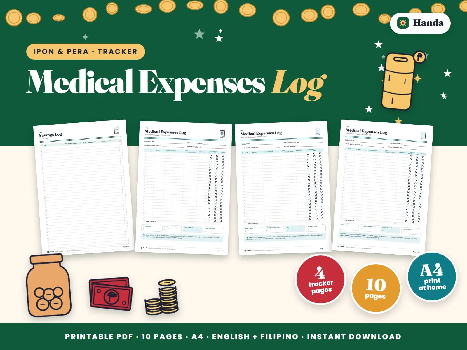 Cover of Medical Expenses Log, a printable budget planner showing four of its pages