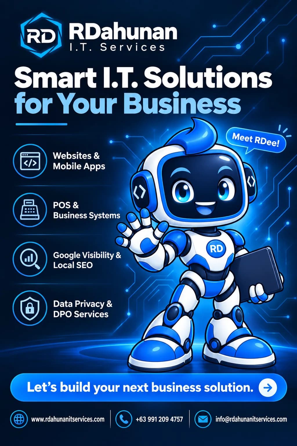 RDahunan I.T. Services poster featuring RDee, a smiling blue-and-white robot waving and holding a laptop, with the company services and contact details.