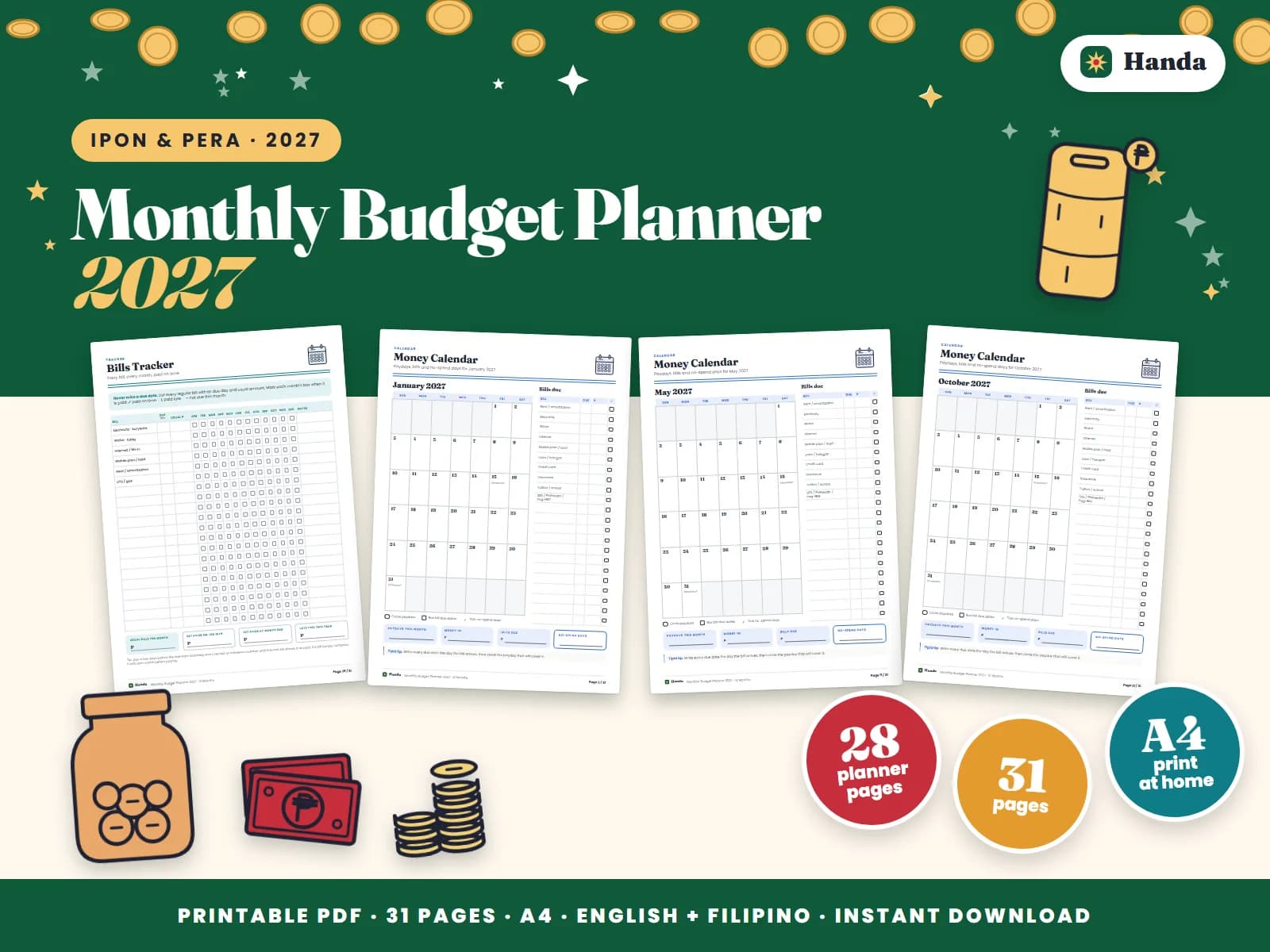 Cover of Monthly Budget Planner 2027, a printable budget planner showing four of its pages
