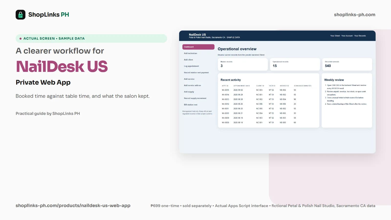 NailDesk US Private Google Sheets Web App dashboard using fictional sample data