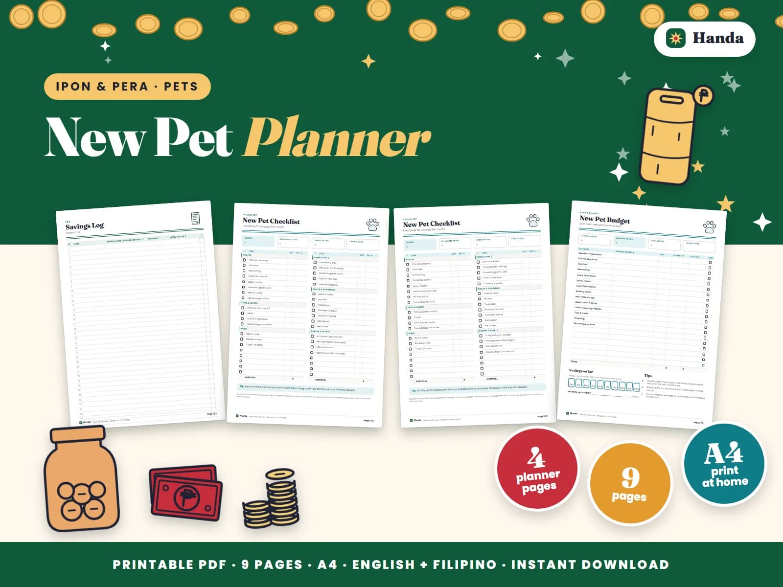 Cover of New Pet Planner, a printable budget planner showing four of its pages