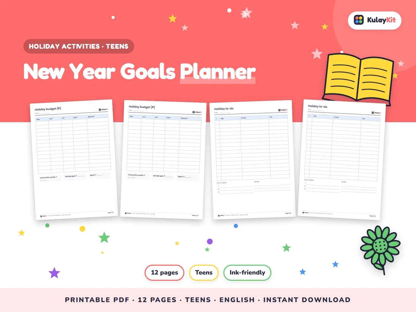 Cover of New Year Goals Planner, a printable pack for teens ages 12 to 17, showing four of its pages