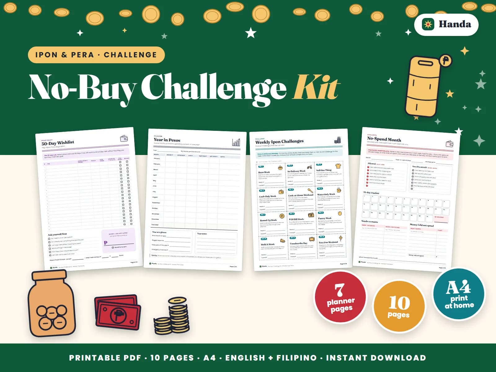 Cover of No-Buy Challenge Kit, a printable money tracker showing four of its pages