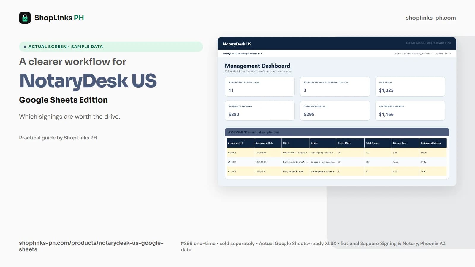 NotaryDesk US Google Sheets Edition dashboard using fictional sample data