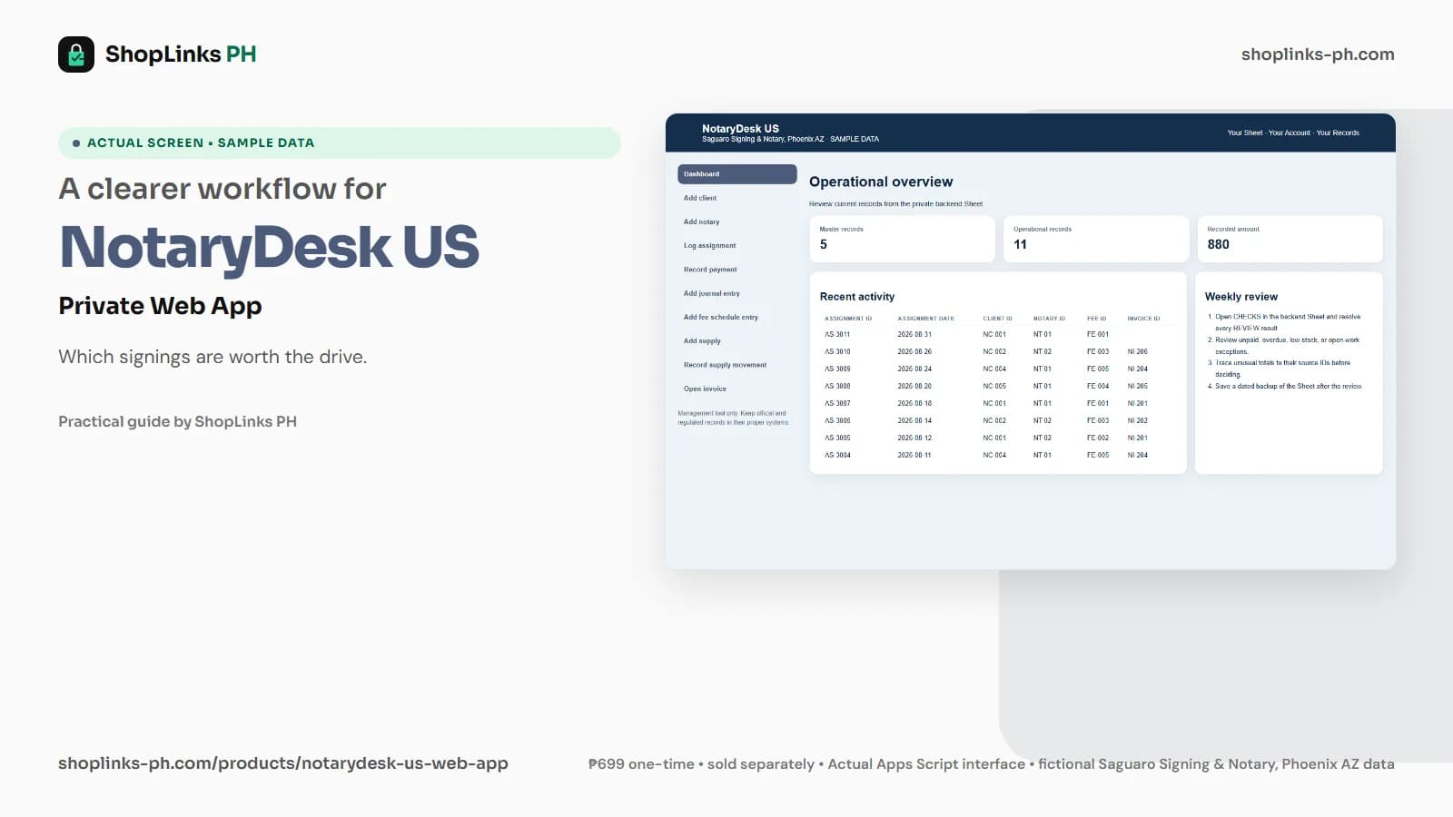 NotaryDesk US Private Google Sheets Web App dashboard using fictional sample data