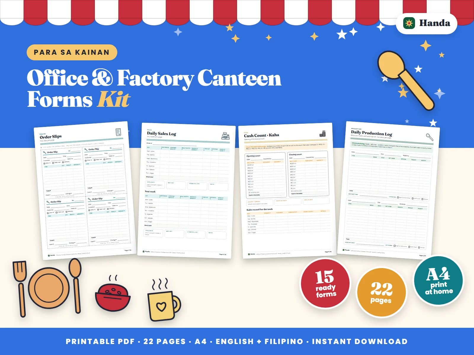 Cover of Office & Factory Canteen Forms Kit, a printable food business forms kit showing four of its pages