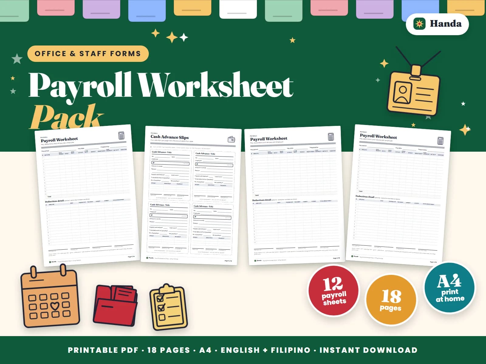 Cover of Payroll Worksheet Pack, a printable forms pack showing four of its pages