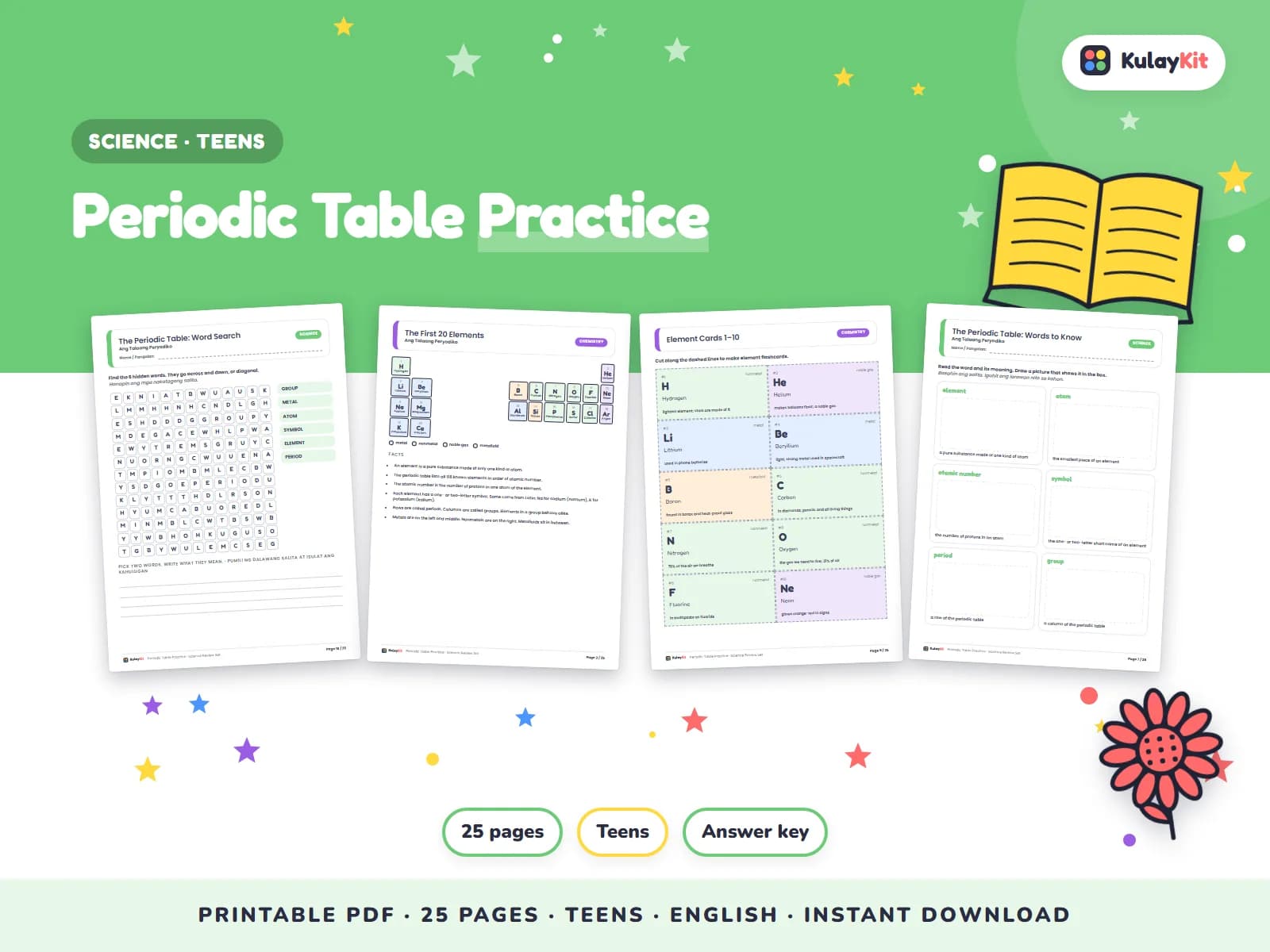 Cover of Periodic Table Practice, a printable pack for teens ages 12 to 17, showing four of its pages