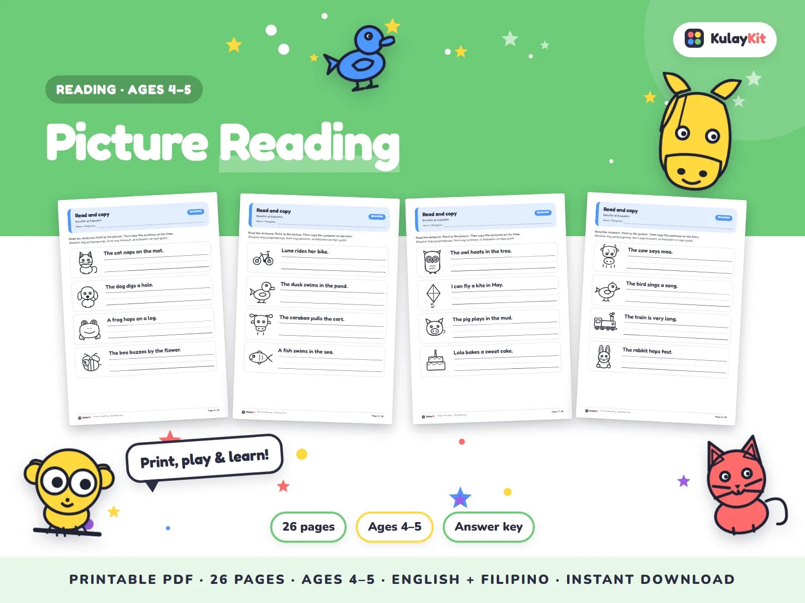 Cover of Picture Reading, a printable pack for preschoolers ages 4 to 5, showing four of its pages