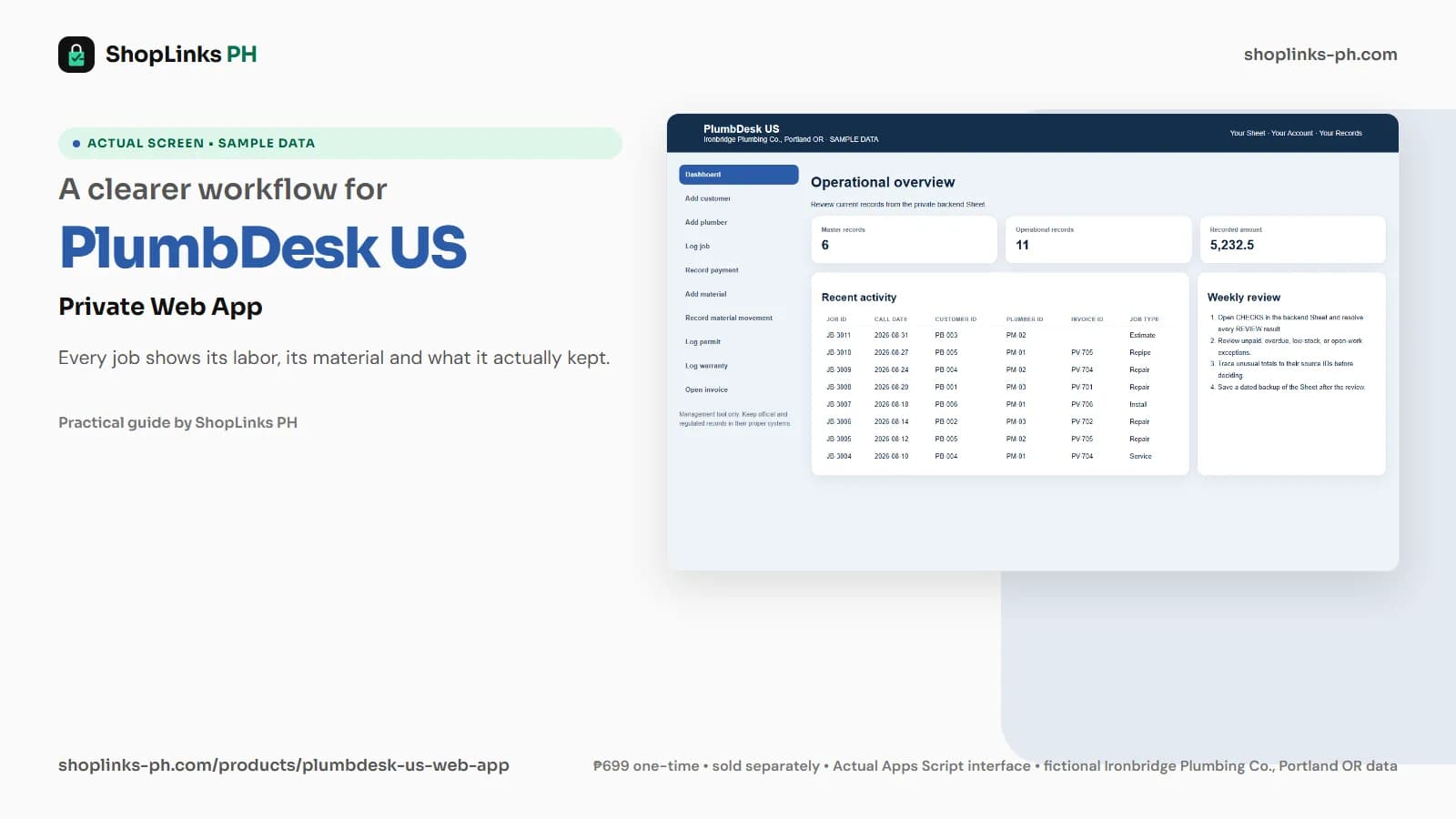 PlumbDesk US Private Google Sheets Web App dashboard using fictional sample data