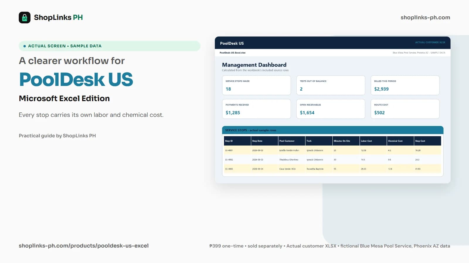 PoolDesk US Microsoft Excel Edition dashboard using fictional sample data