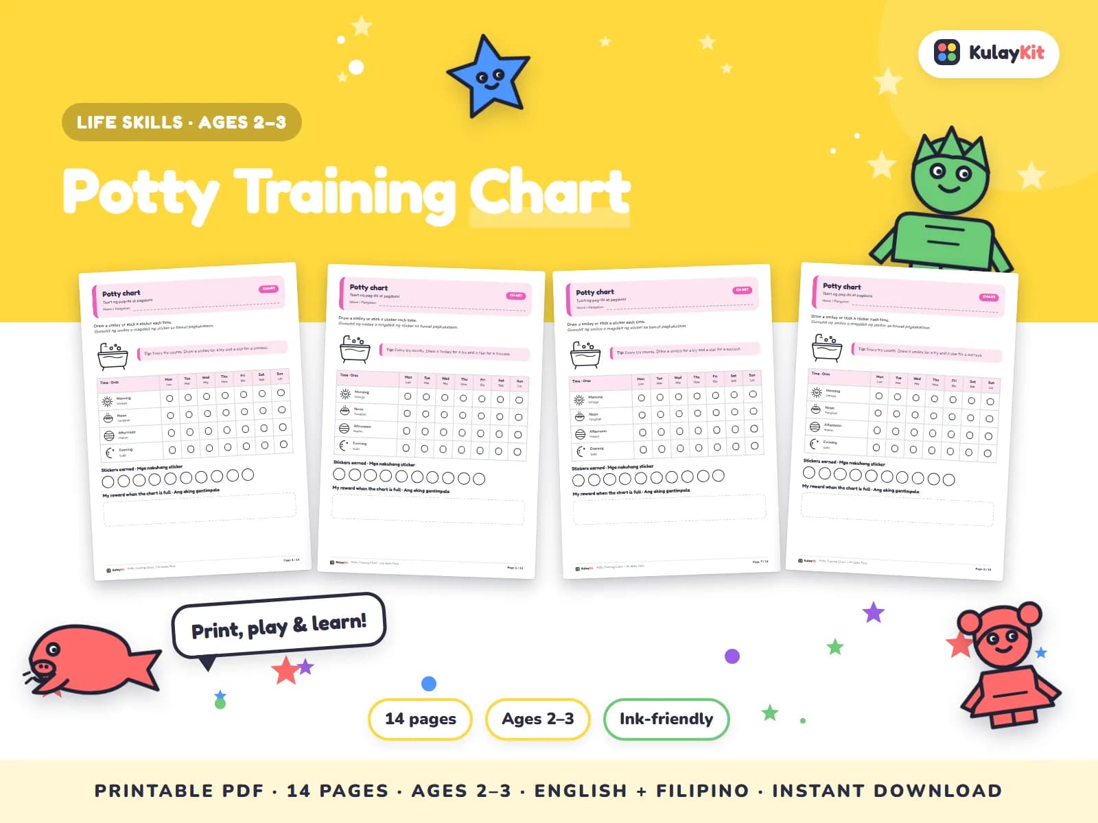 Cover of Potty Training Chart, a printable pack for toddlers ages 2 to 3, showing four of its pages