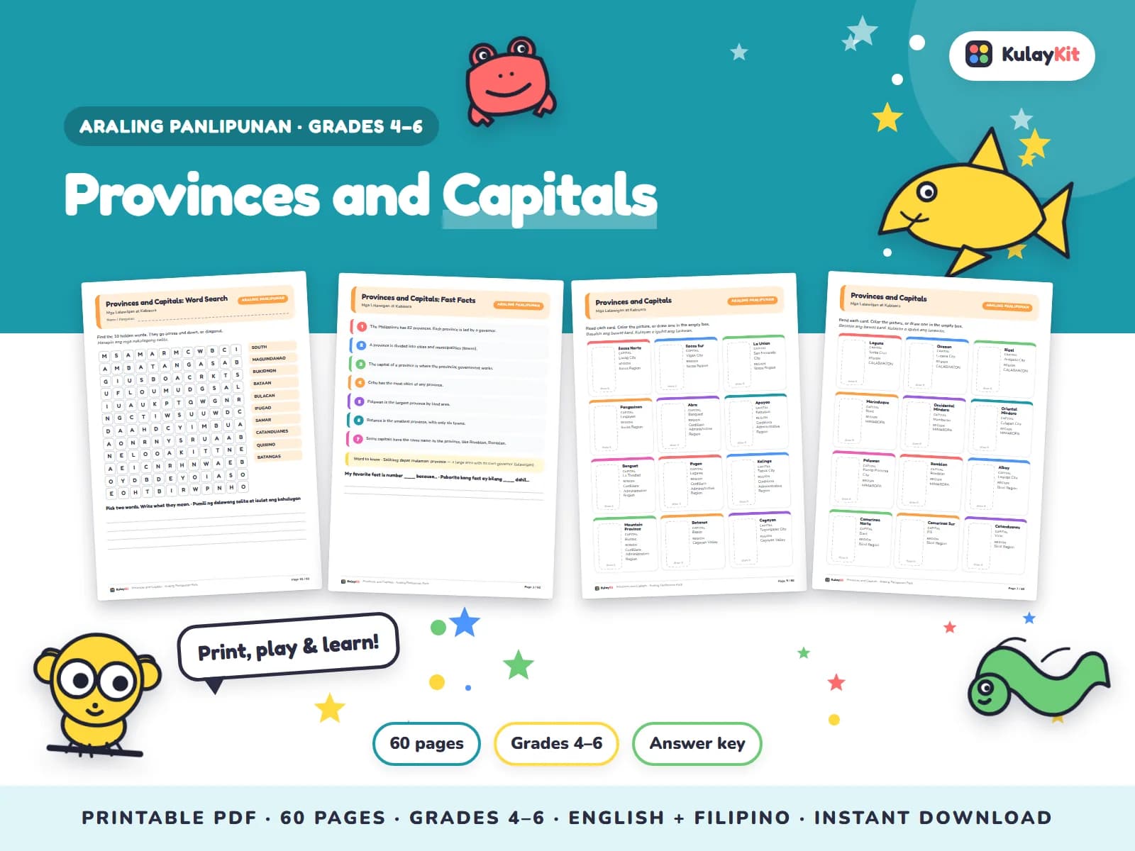 Cover of Provinces and Capitals, a printable pack for kids in Grades 4 to 6, showing four of its pages