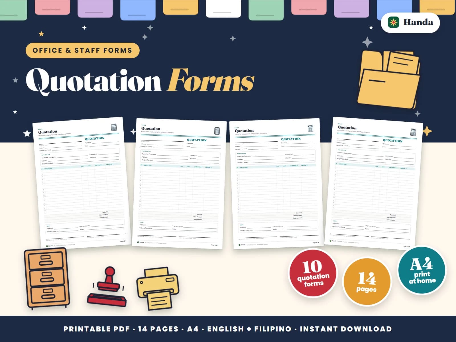 Cover of Quotation Forms, a printable forms pack showing four of its pages