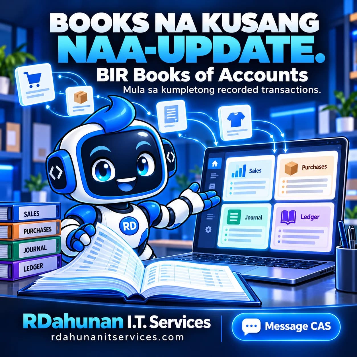RDee stands beside an illustrated open ledger and laptop with Sales, Purchases, Journal and Ledger panels. Headline: Books na kusang naa-update.