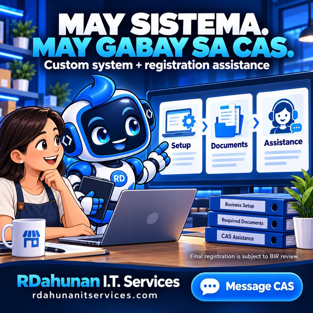 RDee guides a business owner through Setup, Documents and Assistance cards. The artwork says final registration is subject to BIR review.