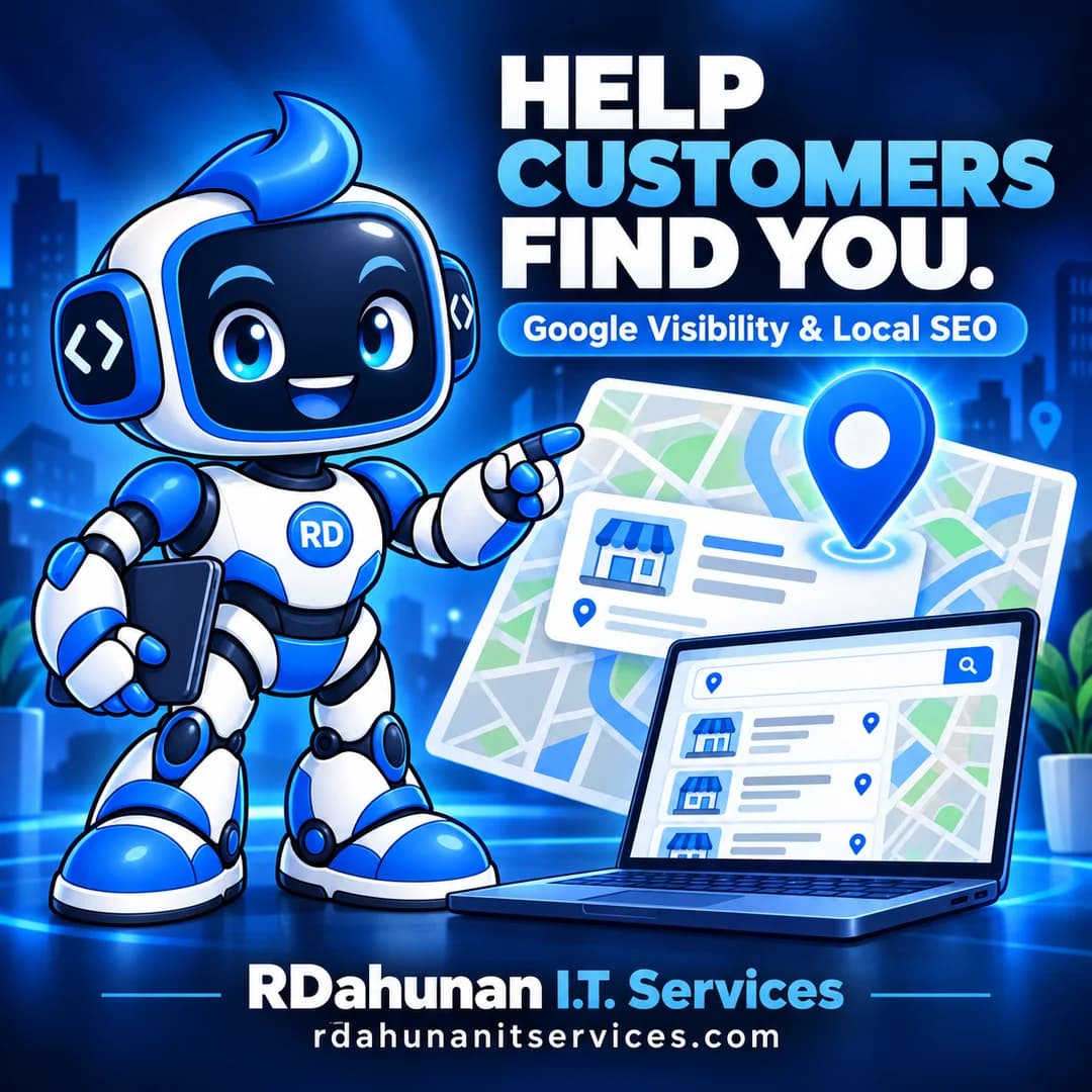 RDee, the blue and white RDahunan robot mascot, introducing google visibility.