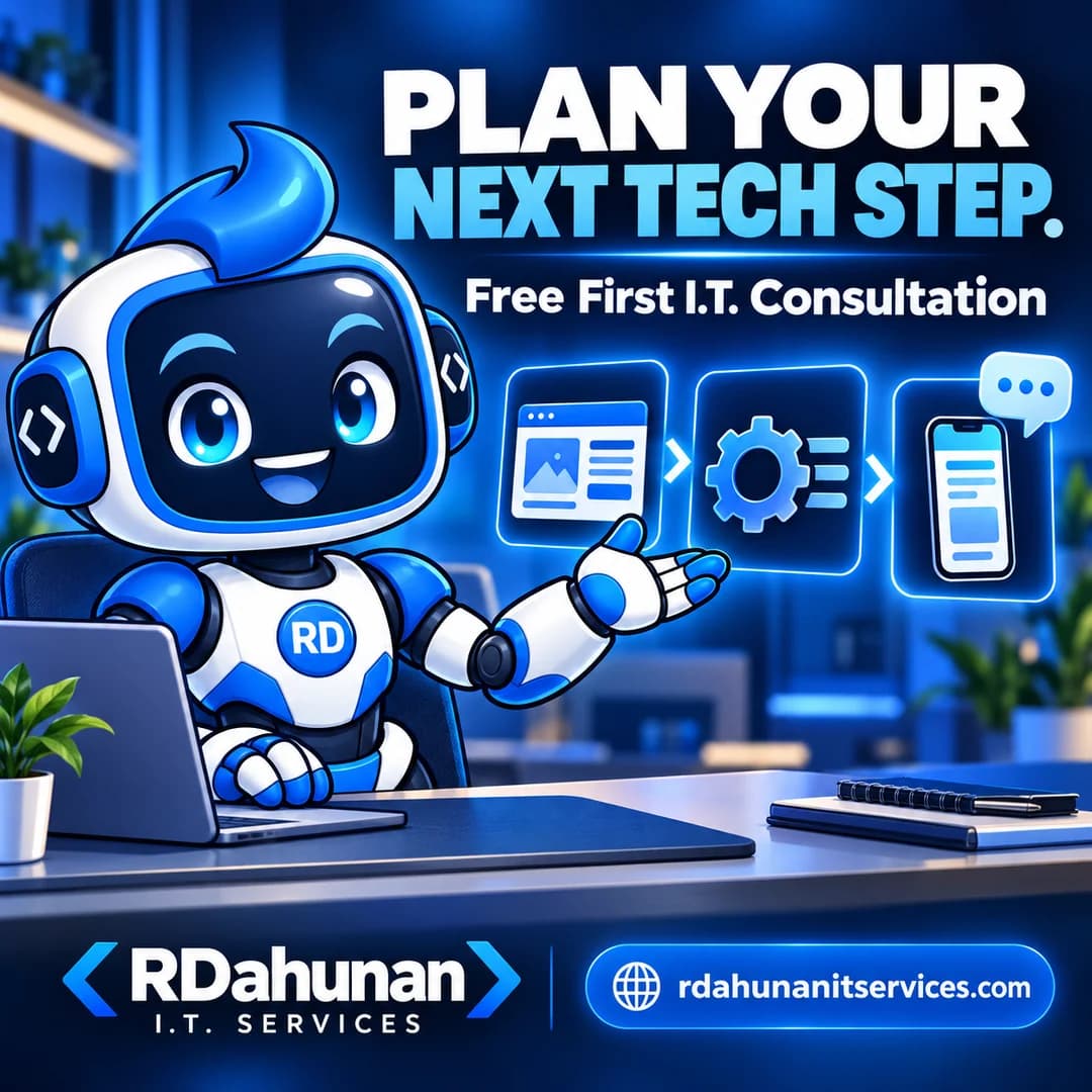 RDee, the blue and white RDahunan robot mascot, introducing it consultation.
