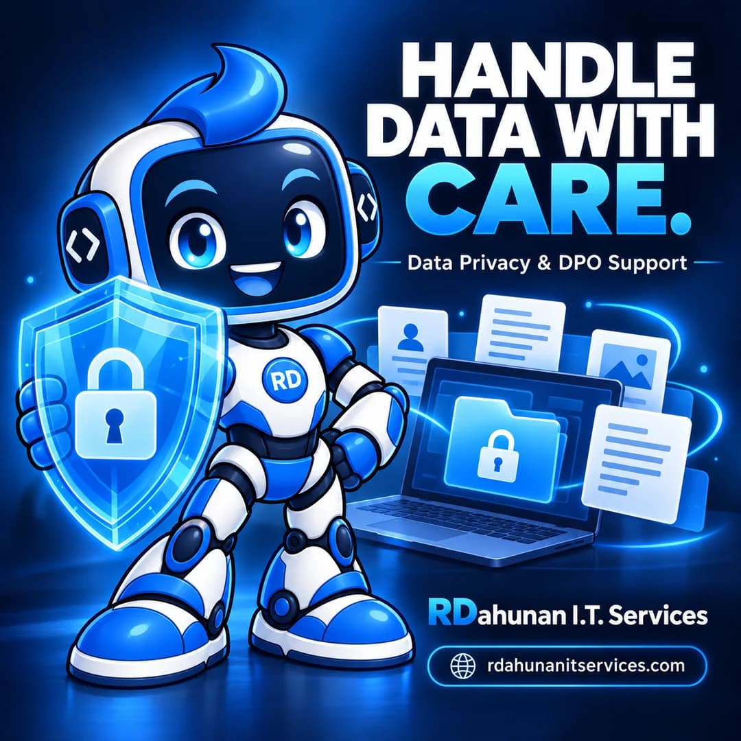 RDee, the blue and white RDahunan robot mascot, introducing privacy support.