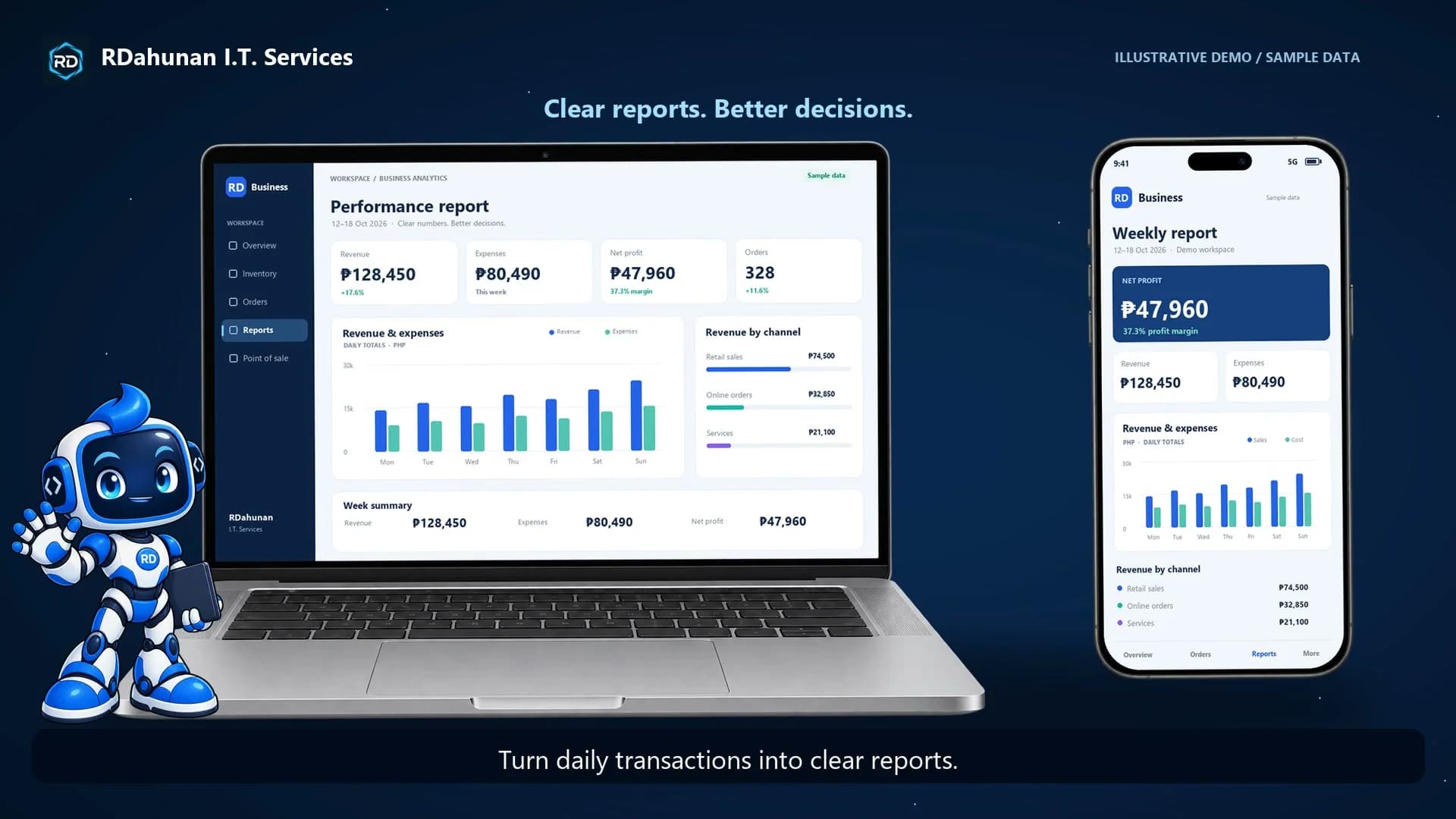 RDee beside a laptop and phone displaying professional sample business dashboards and reports.