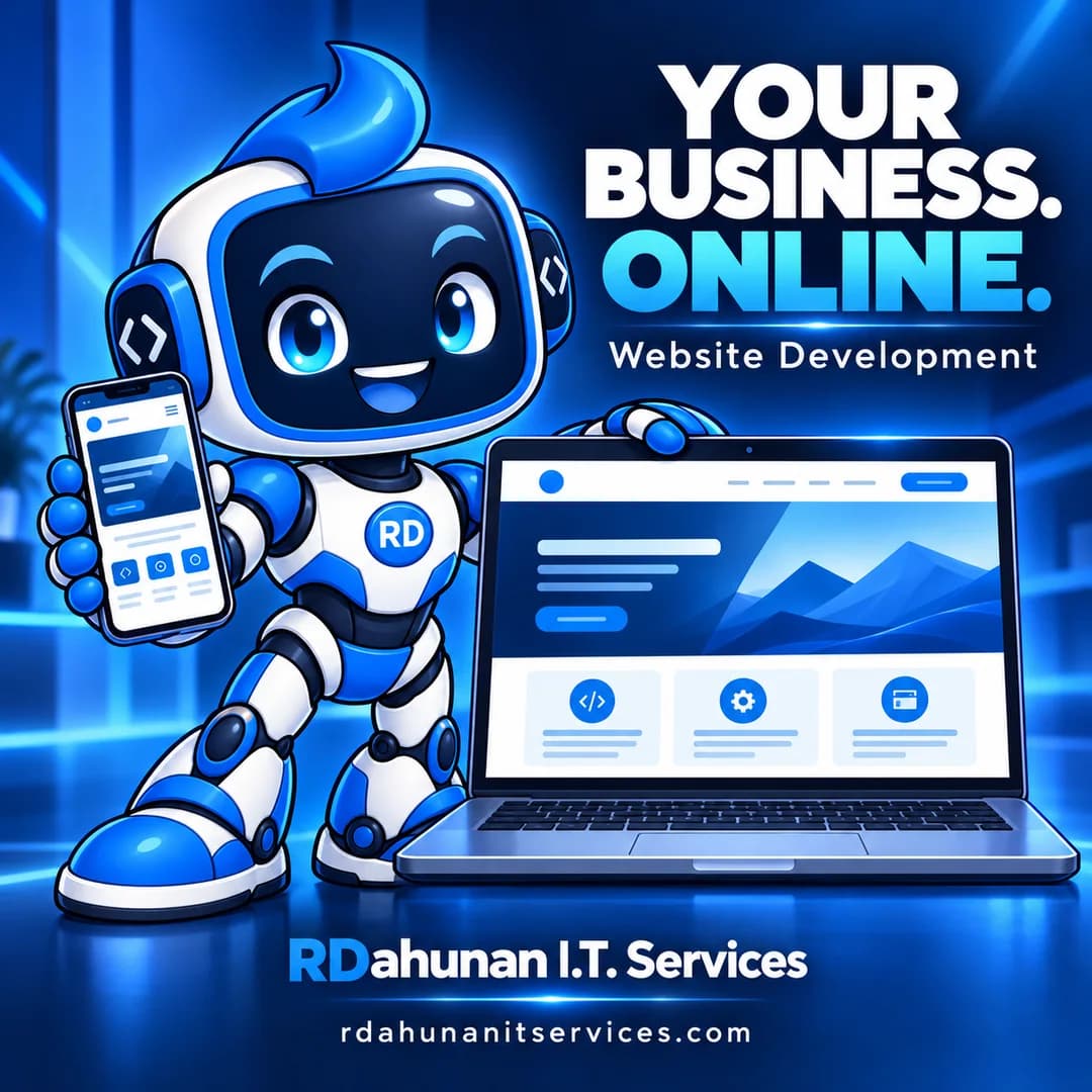 RDee, the blue and white RDahunan robot mascot, introducing website development.