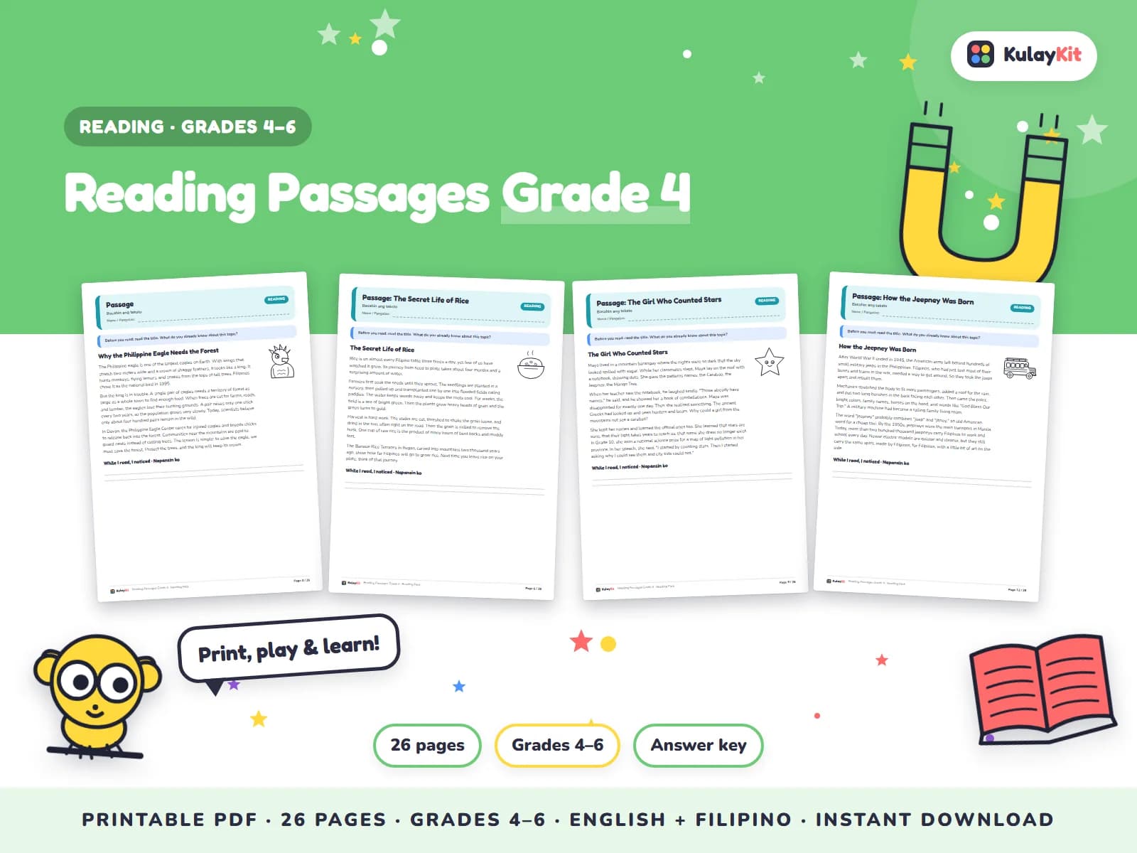 Cover of Reading Passages Grade 4, a printable pack for kids in Grades 4 to 6, showing four of its pages