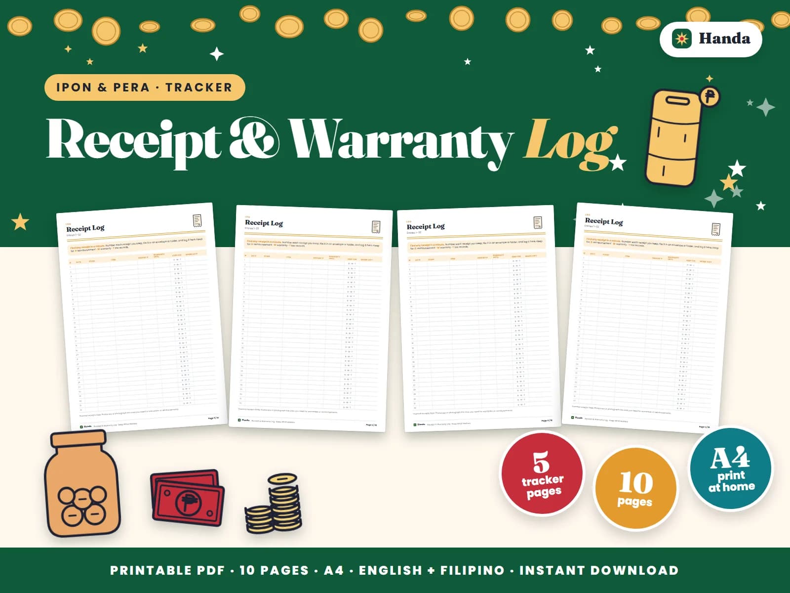 Cover of Receipt & Warranty Log, a printable money tracker showing four of its pages