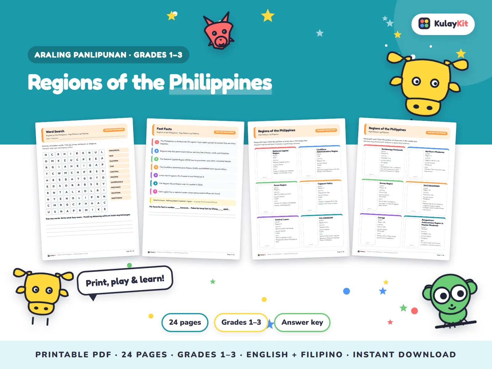 Cover of Regions of the Philippines, a printable pack for kids in Grades 1 to 3, showing four of its pages