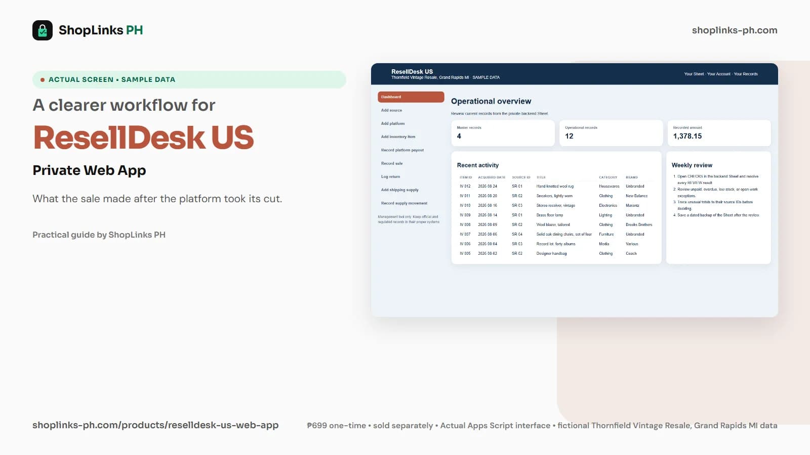 ResellDesk US Private Google Sheets Web App dashboard using fictional sample data