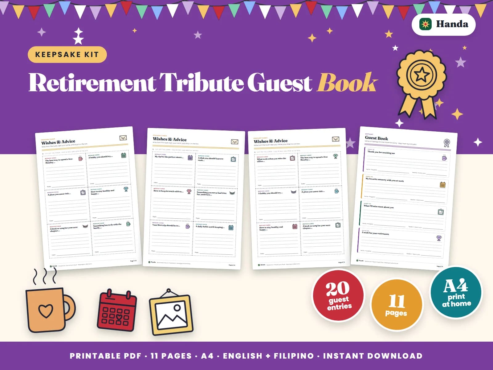 Cover of Retirement Tribute Guest Book, a printable guest book and keepsake set showing four of its pages