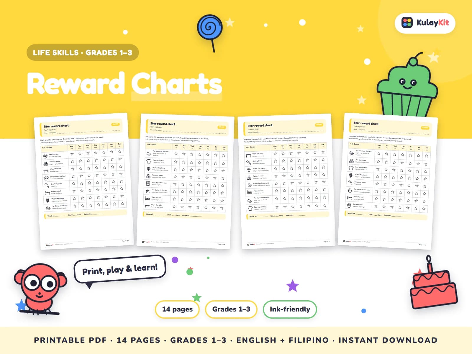Cover of Reward Charts, a printable pack for kids in Grades 1 to 3, showing four of its pages