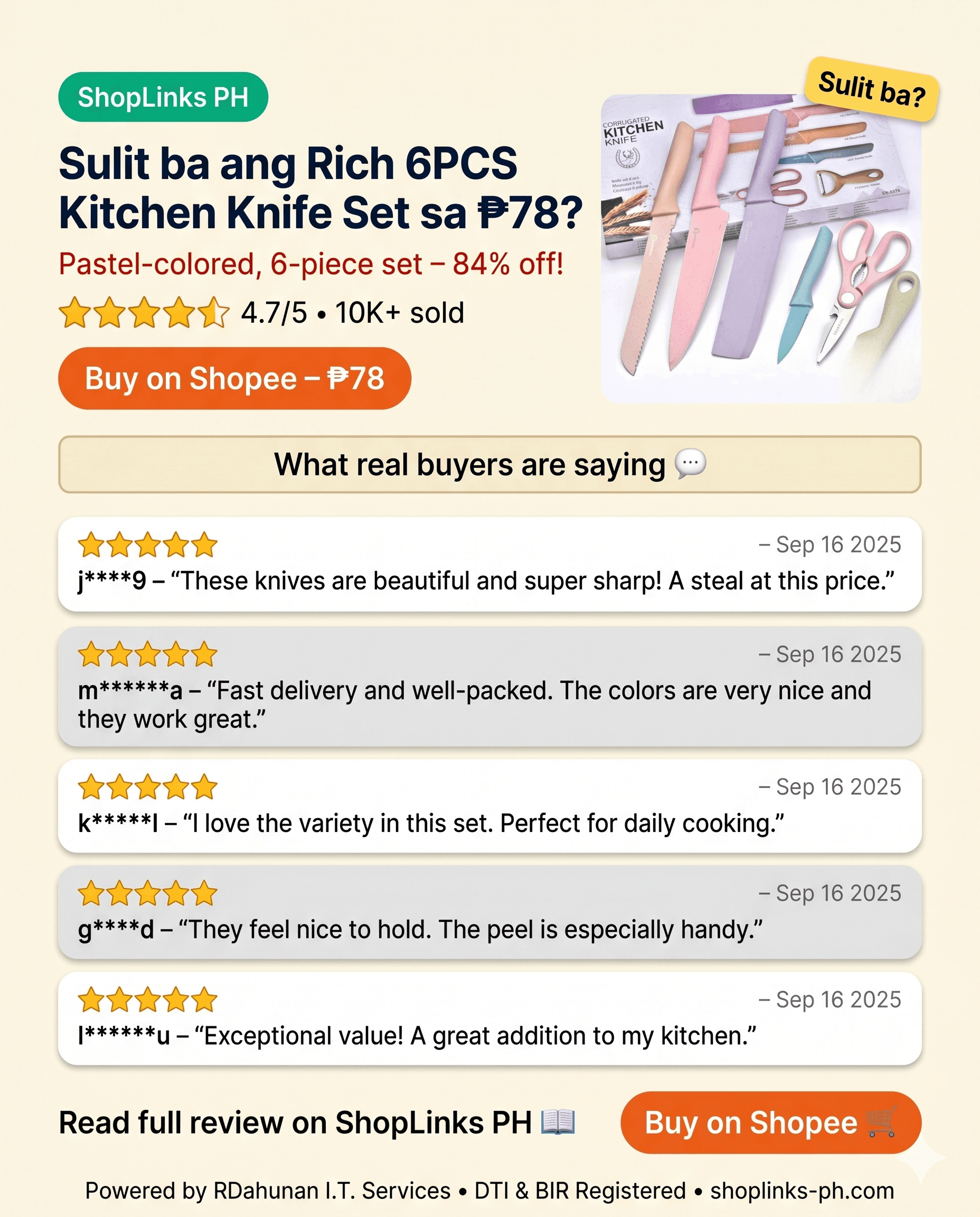 Sulit ba ang Rich 6PCS Kitchen Knife Set sa ₱78? cover