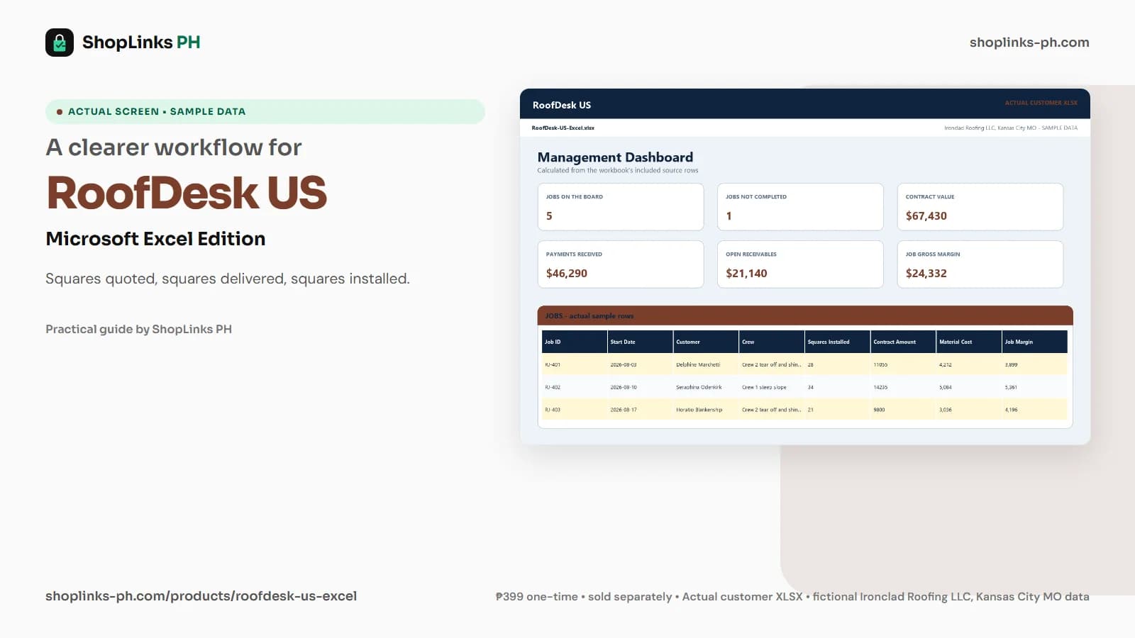 RoofDesk US Microsoft Excel Edition dashboard using fictional sample data