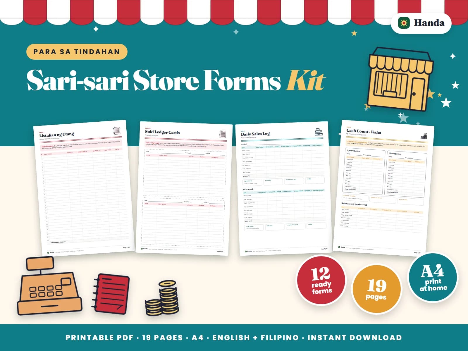 Cover of Sari-sari Store Forms Kit, a printable store forms kit showing four of its pages
