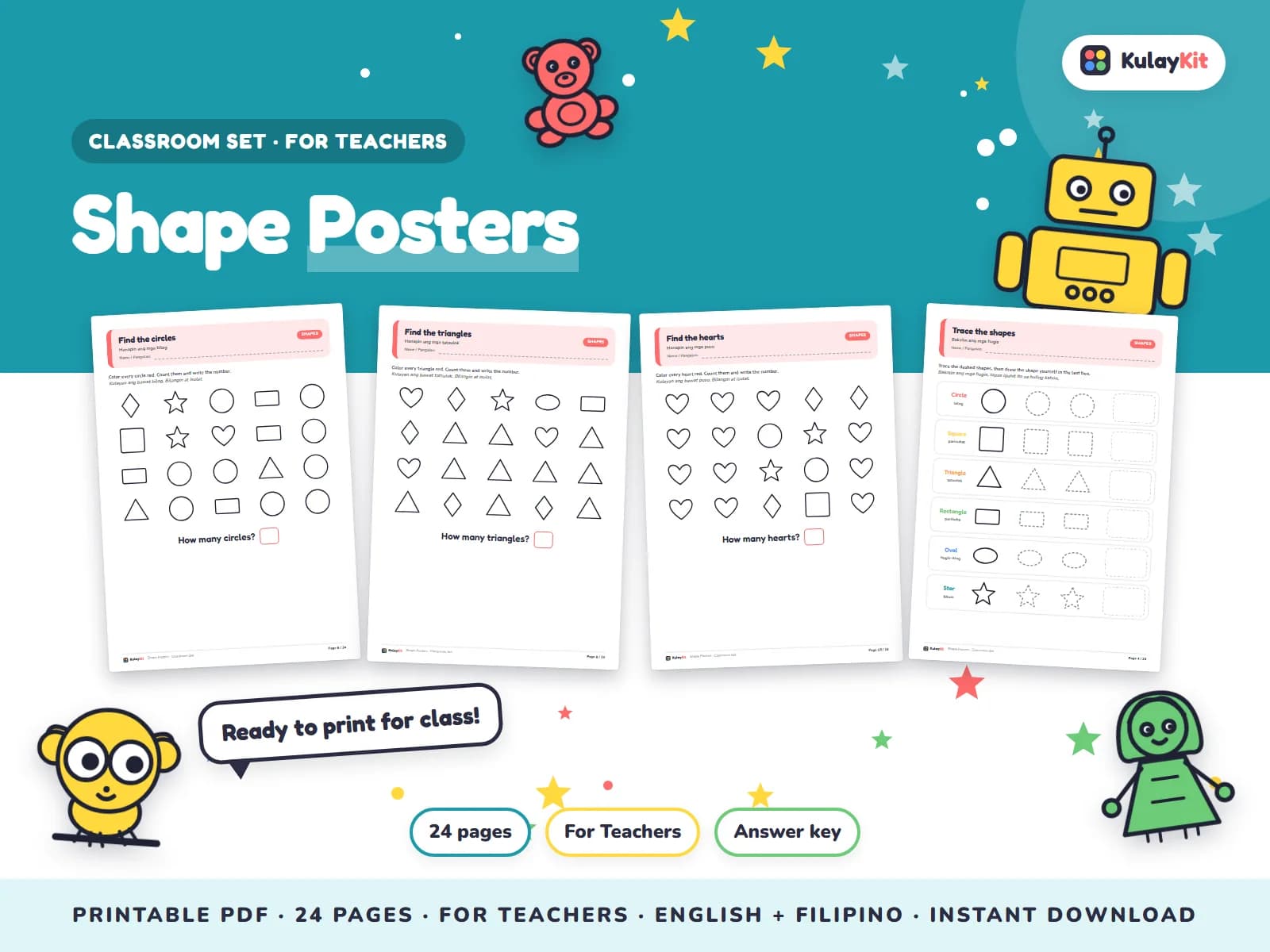 Cover of Shape Posters, a printable pack for teachers and parents, showing four of its pages