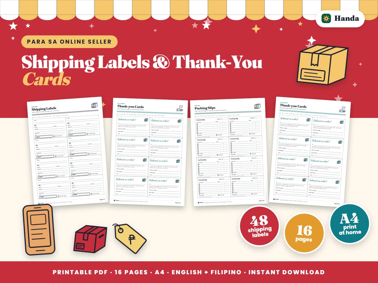 Cover of Shipping Labels & Thank-You Cards, a printable forms pack showing four of its pages