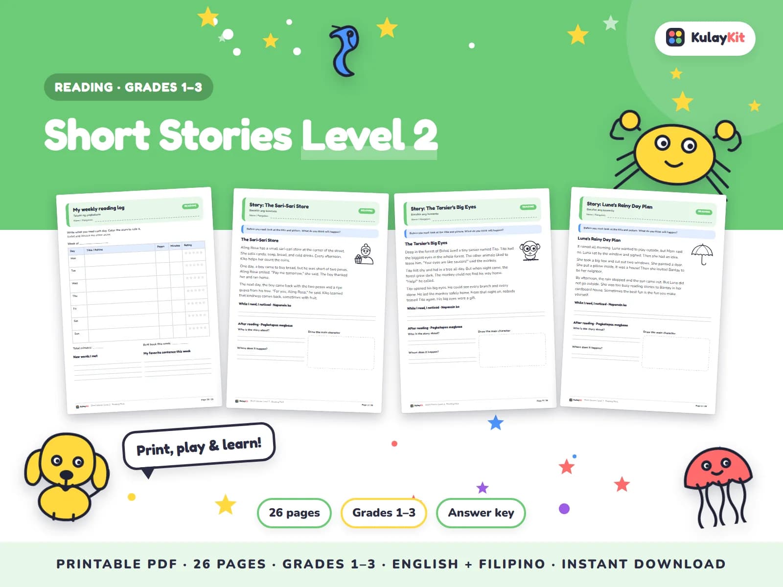 Cover of Short Stories Level 2, a printable pack for kids in Grades 1 to 3, showing four of its pages
