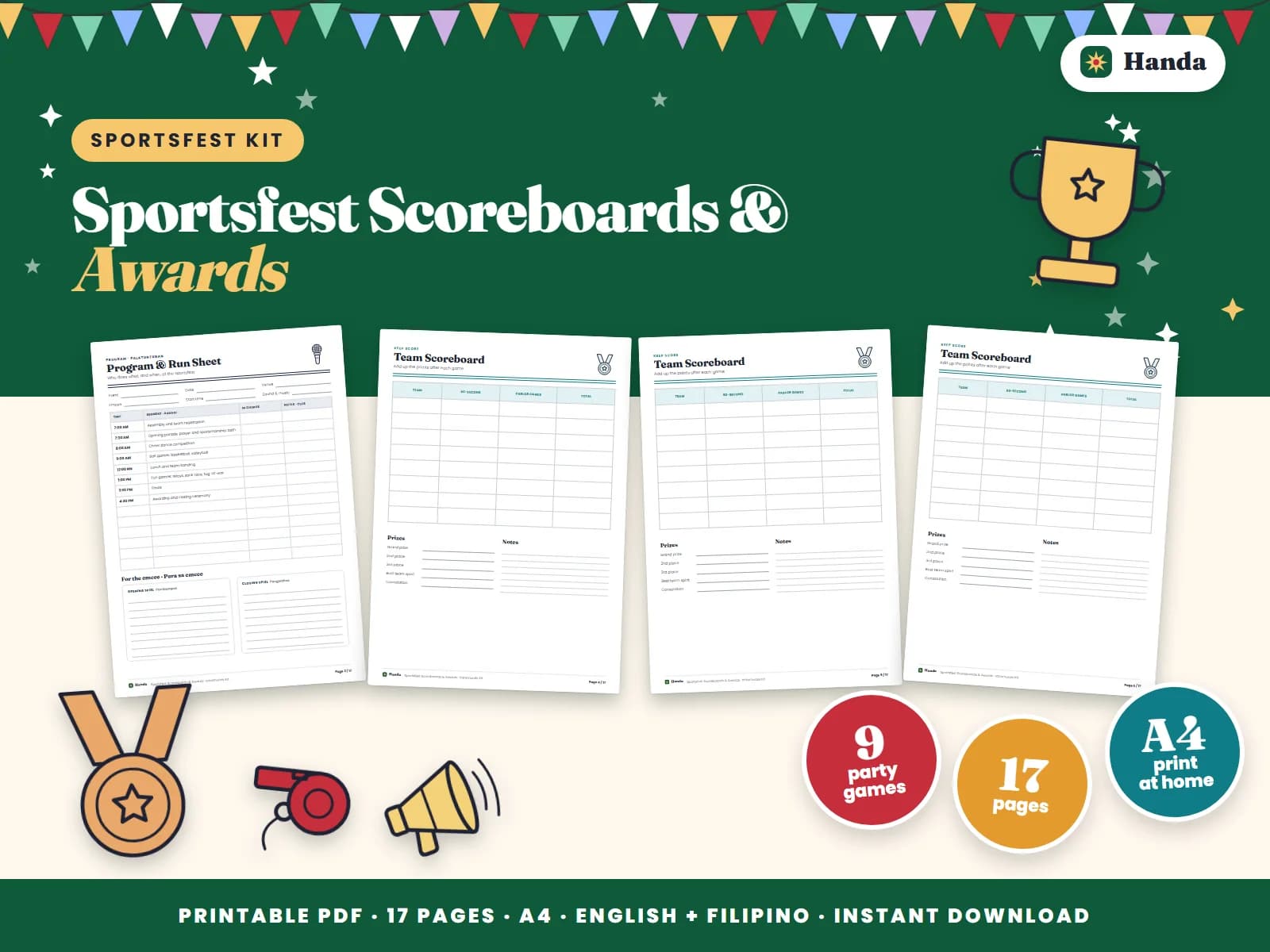 Cover of Sportsfest Scoreboards & Awards, a printable sportsfest kit showing four of its pages