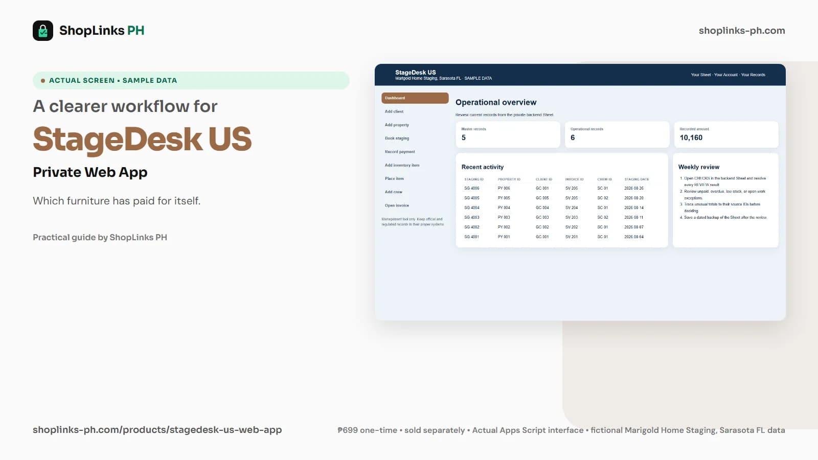 StageDesk US Private Google Sheets Web App dashboard using fictional sample data