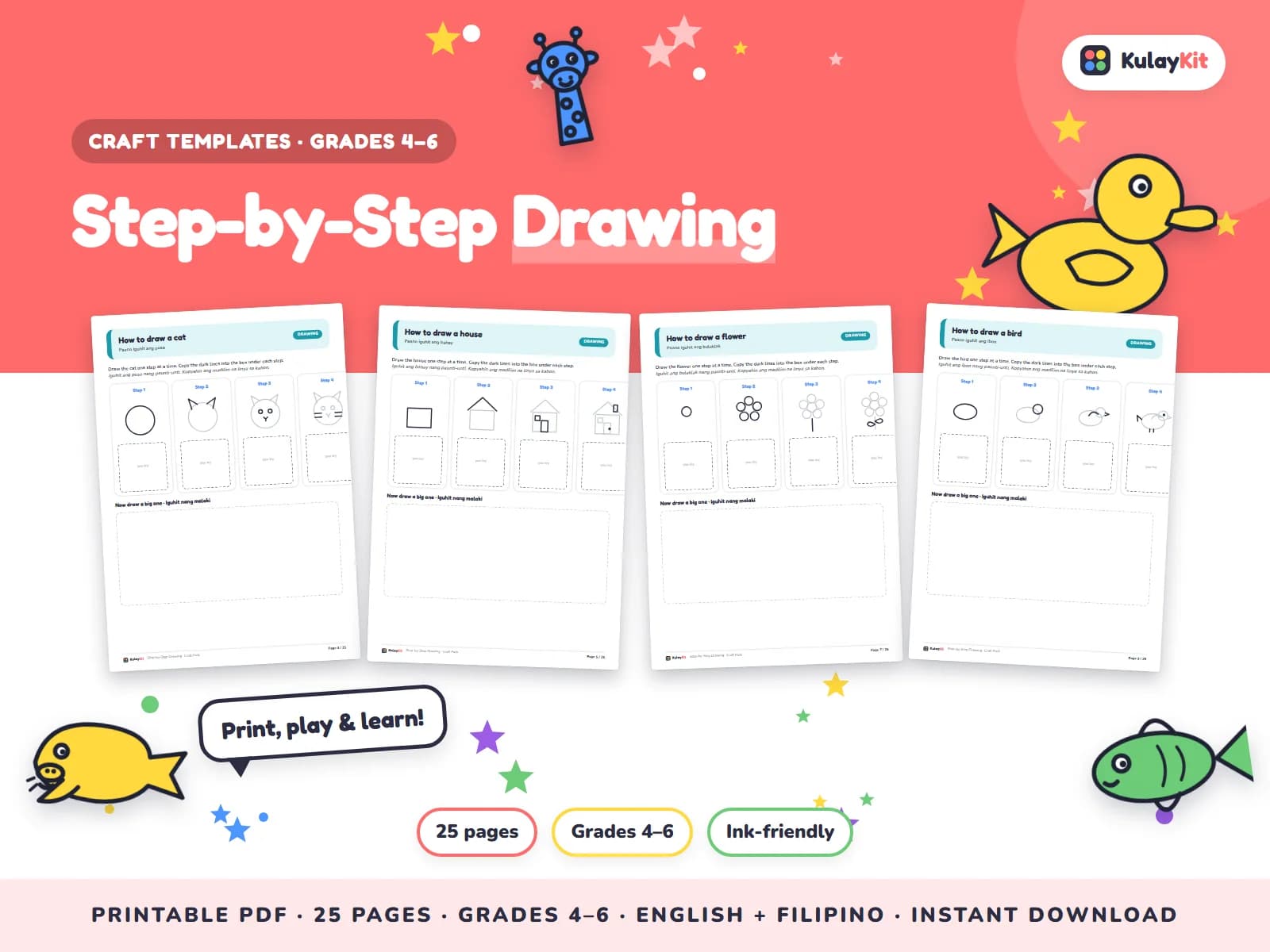 Cover of Step-by-Step Drawing, a printable pack for kids in Grades 4 to 6, showing four of its pages