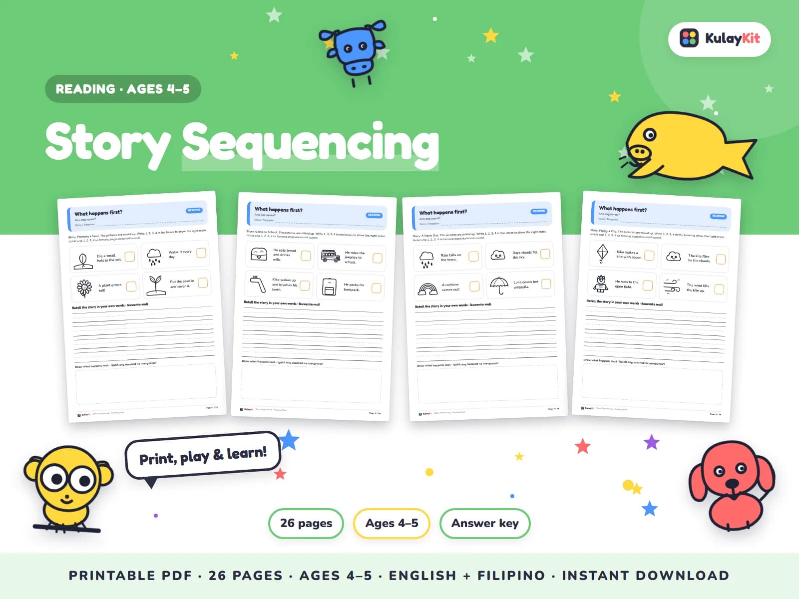 Cover of Story Sequencing, a printable pack for preschoolers ages 4 to 5, showing four of its pages