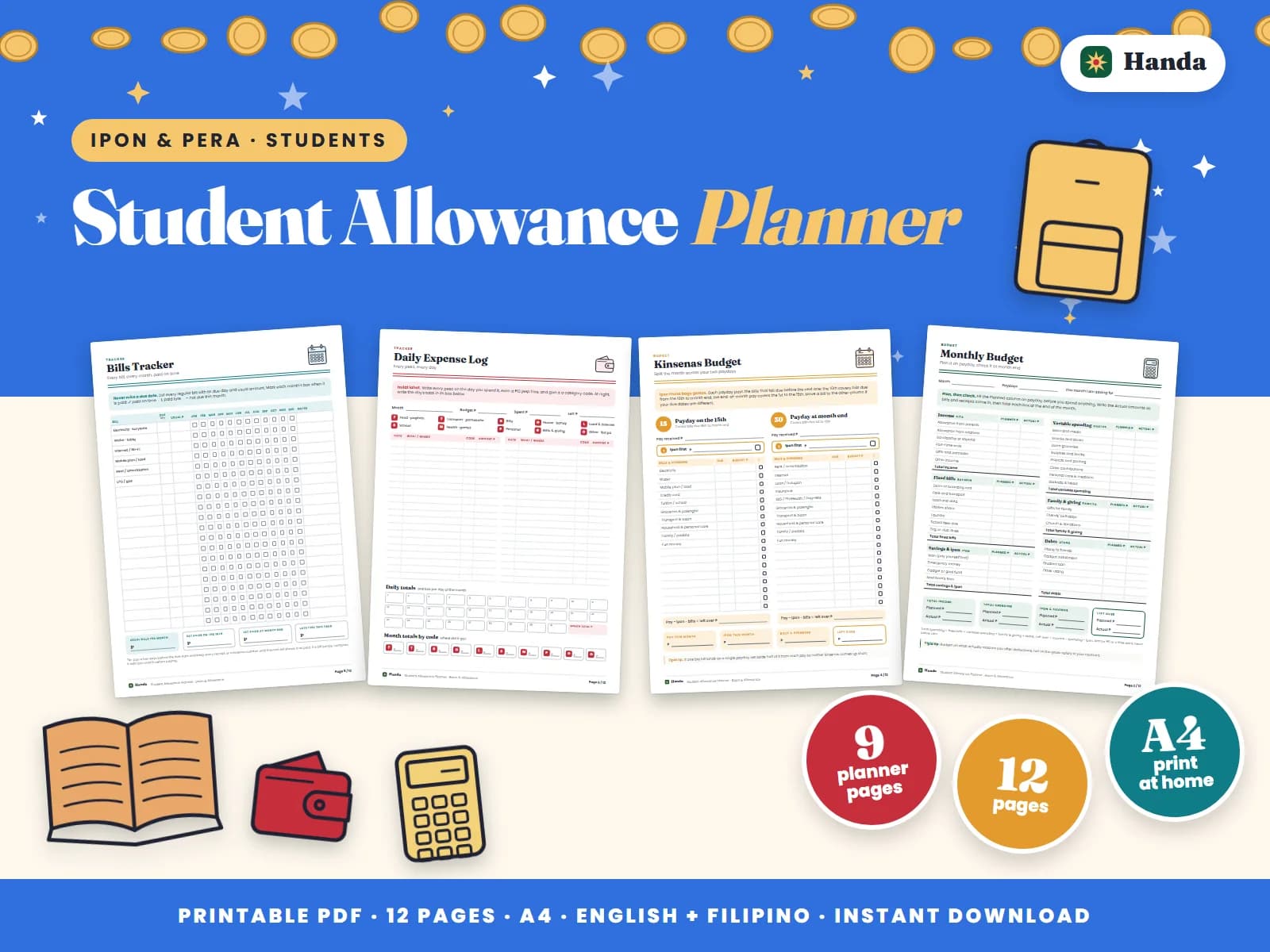 Cover of Student Allowance Planner, a printable budget planner showing four of its pages