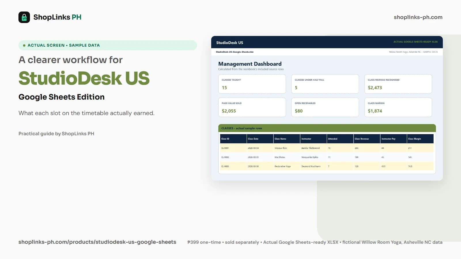 StudioDesk US Google Sheets Edition dashboard using fictional sample data