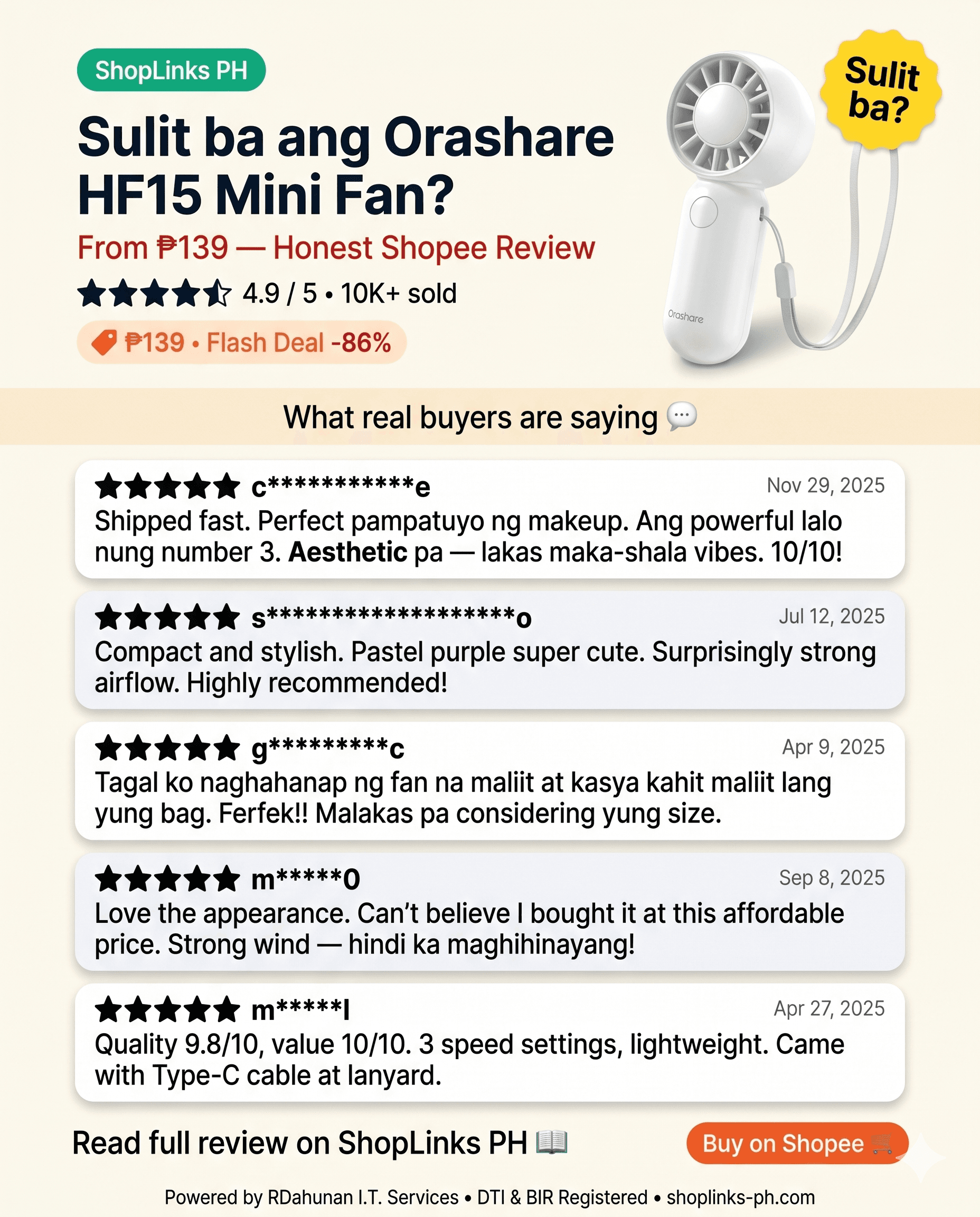 Sulit ba ang Orashare HF15 Mini Fan sa ₱139? cover