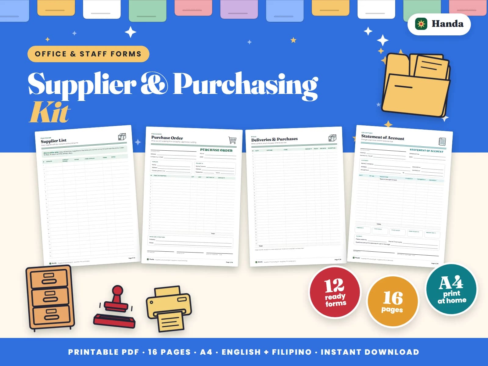 Cover of Supplier & Purchasing Kit, a printable office forms pack showing four of its pages