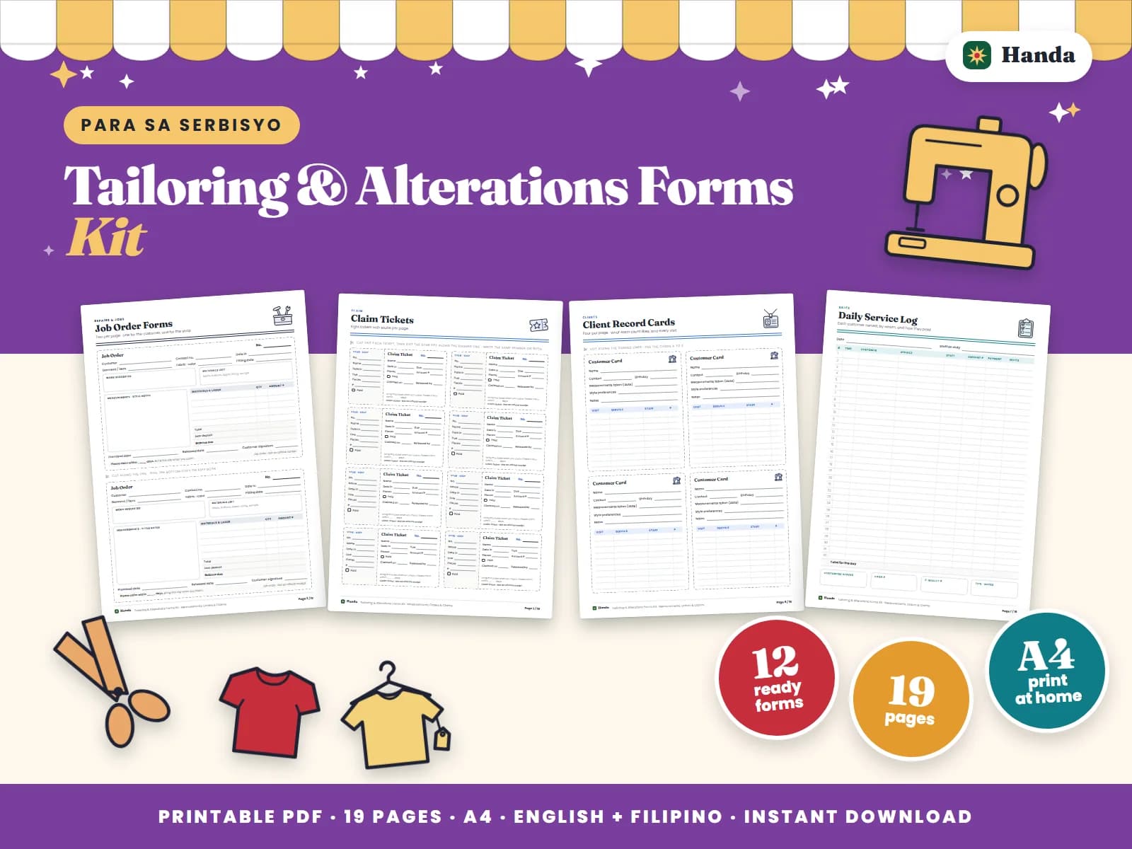 Cover of Tailoring & Alterations Forms Kit, a printable service business forms kit showing four of its pages
