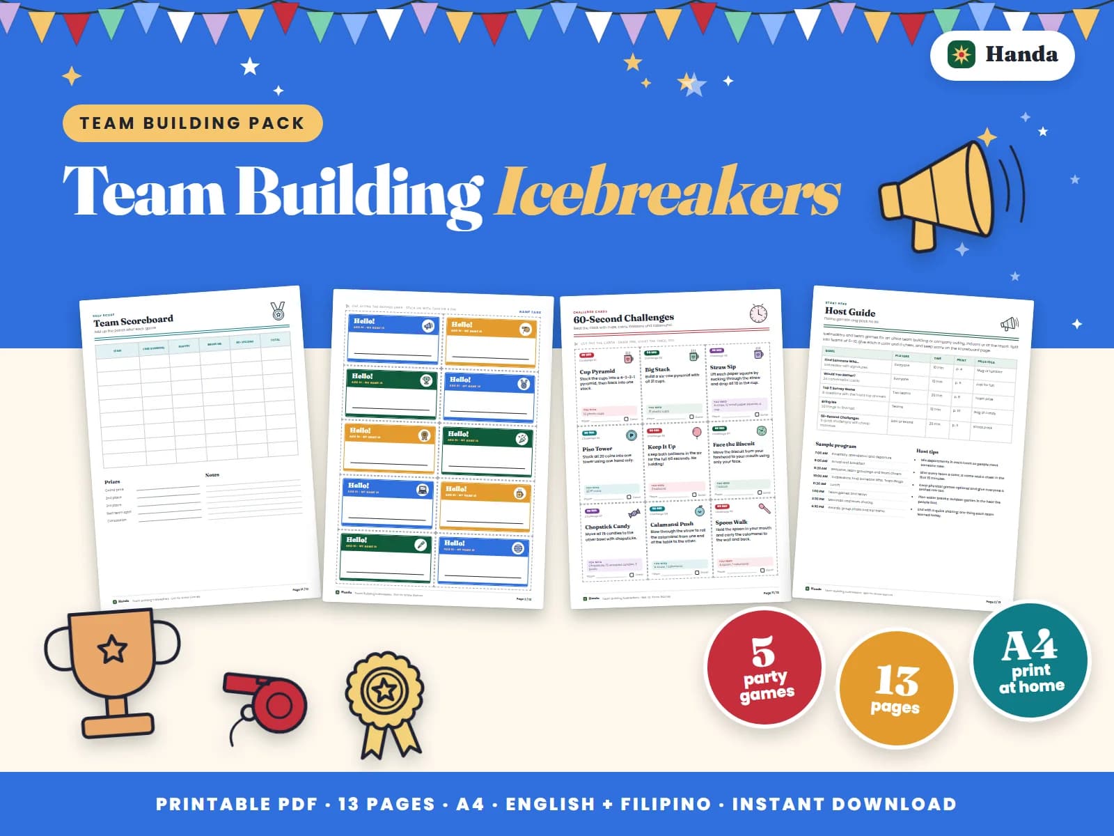 Cover of Team Building Icebreakers, a printable icebreaker pack showing four of its pages