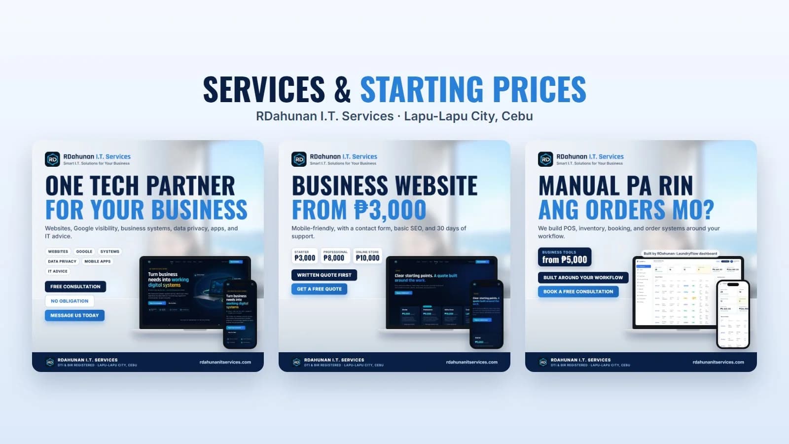RDahunan I.T. Services: one tech partner, business websites from ₱3,000, and business systems from ₱5,000