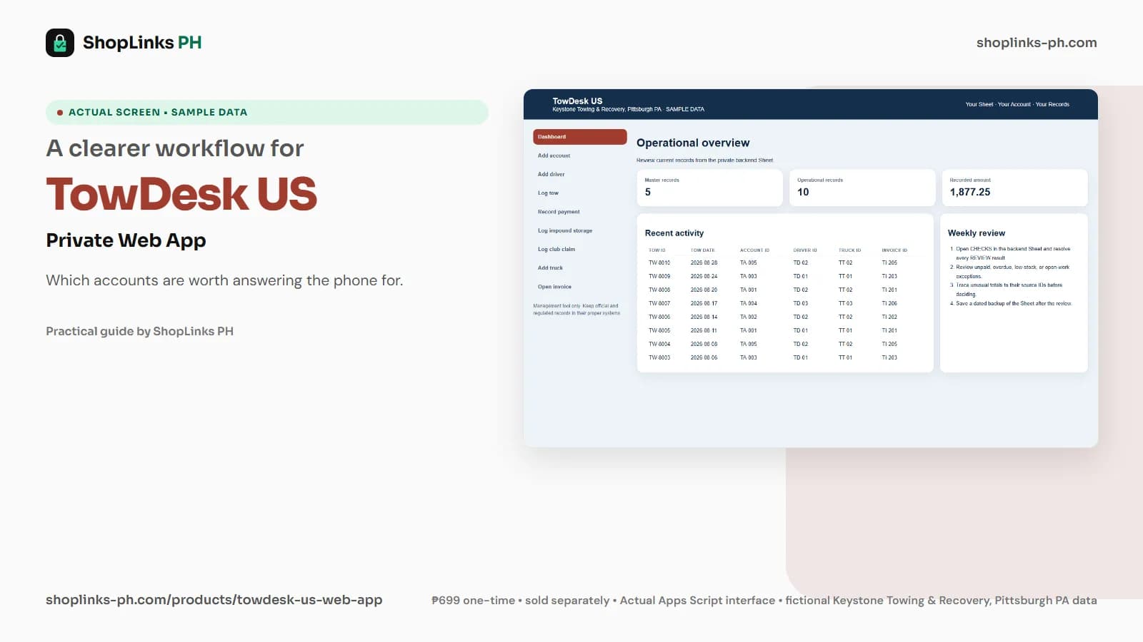 TowDesk US Private Google Sheets Web App dashboard using fictional sample data